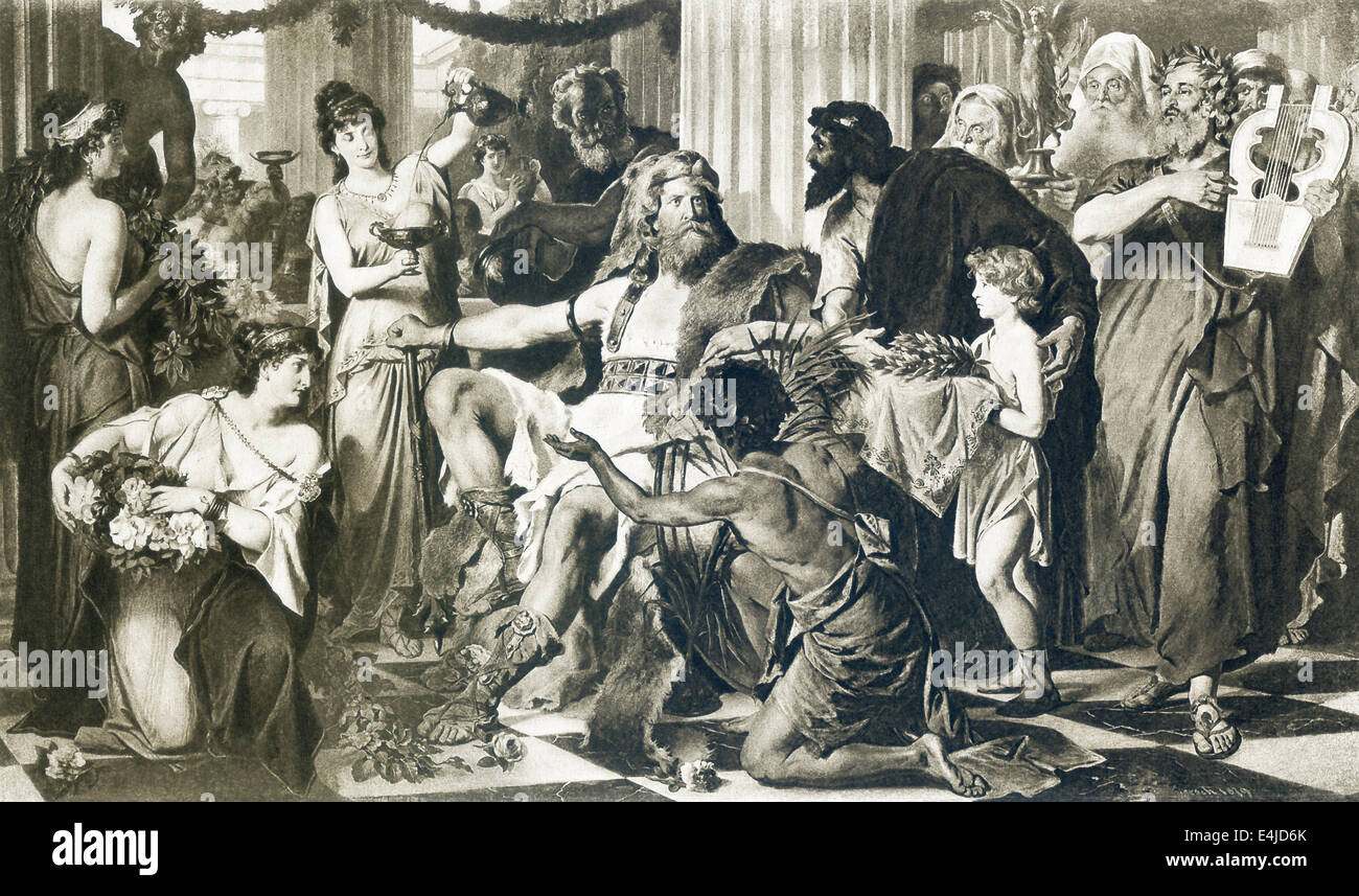 This scene shows Alaric, king of the Visigoths, after Athens surrendered to him in A.D. 395. Stock Photo