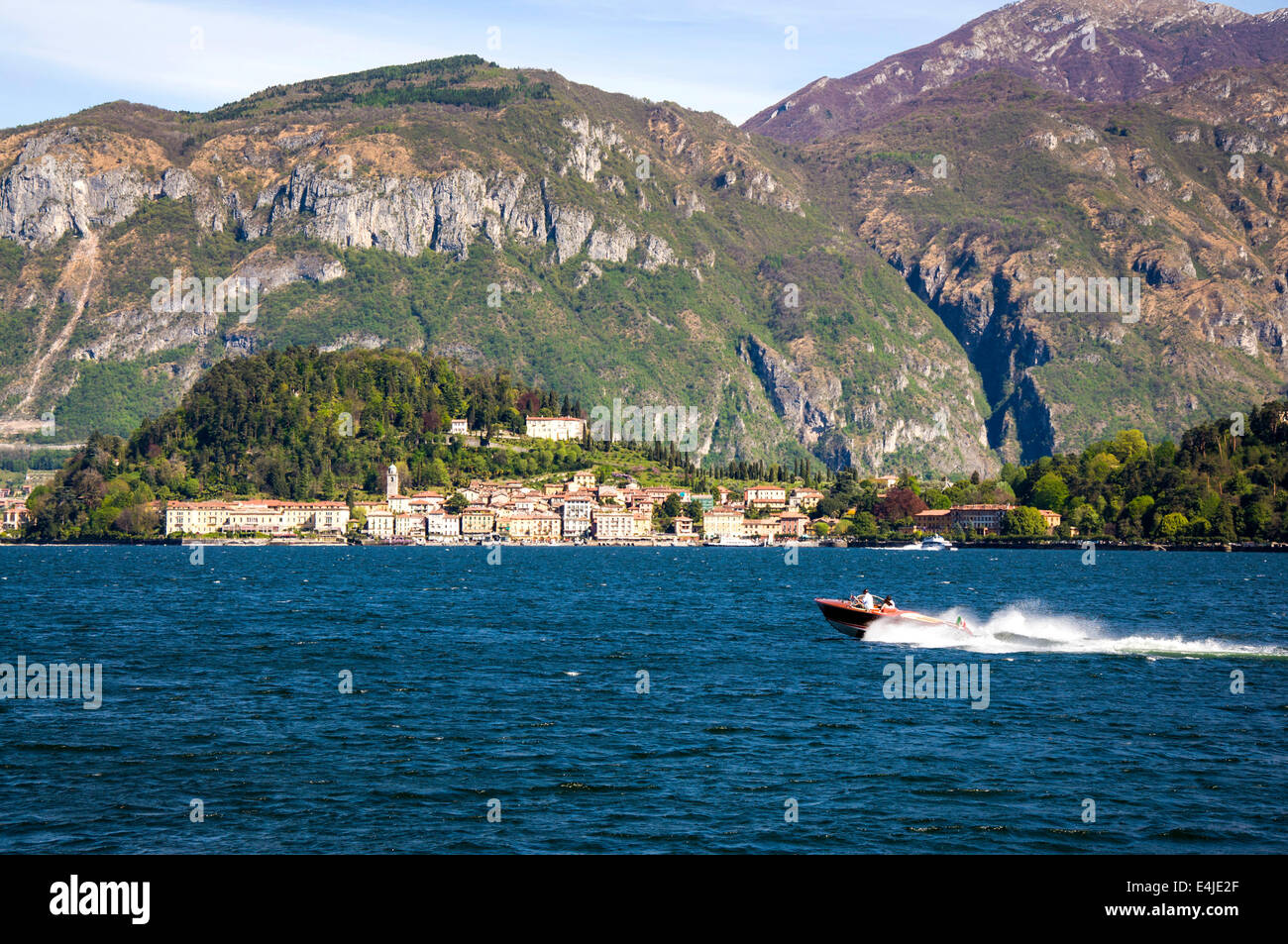 Bellagio on Lake Como Italy. A speedboat passes by on the lake Stock Photo