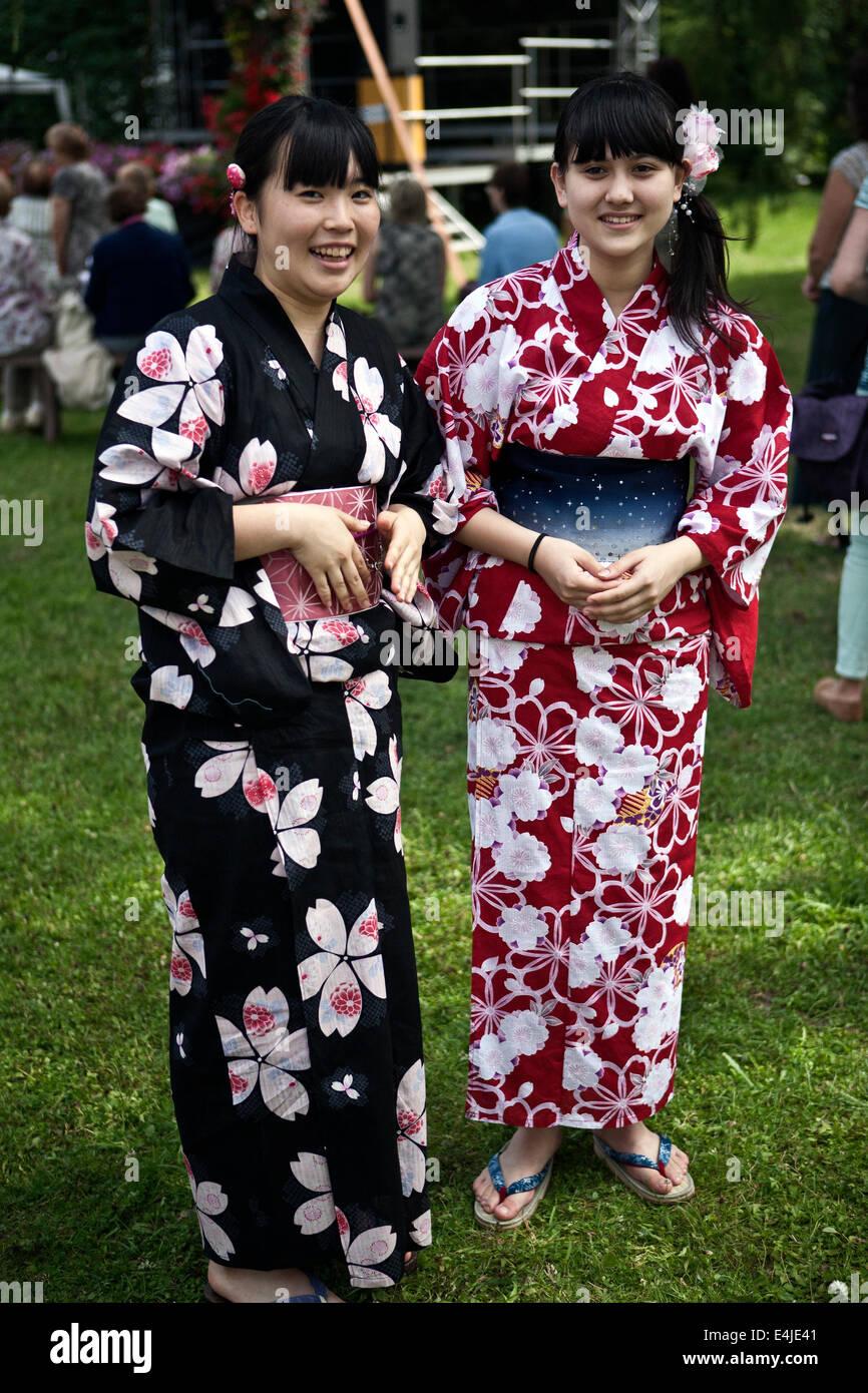 Japanese girls in kimono at SingRiga festival LU Botanical Garden Riga Latvia Stock Photo