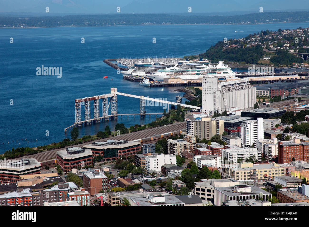 Seattle waterfront and cruise ship terminal seen from the Observation platform of the Space Needle Stock Photo