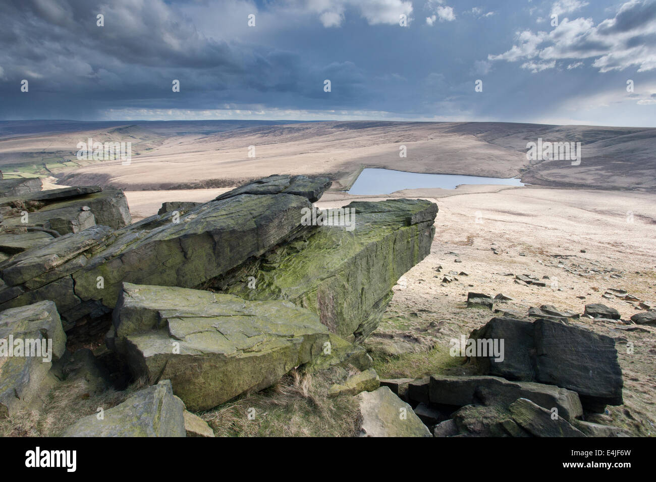 Storm clouds over March Haigh reservoir seen from The Buckstones, Marsden Moor, South Pennines, West Yorkshire, UK Stock Photo
