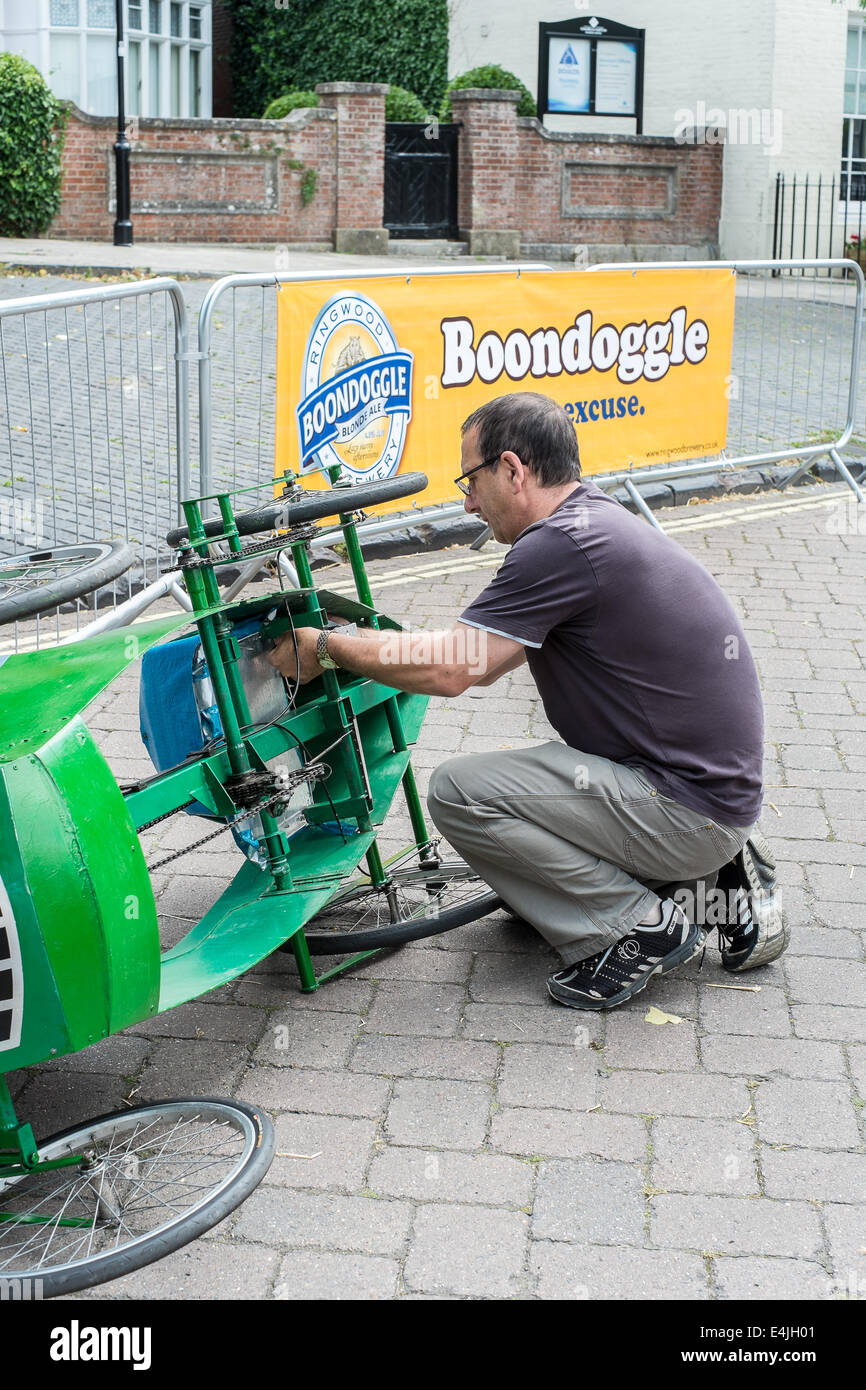 Ringwood, UK. 13th July, 2014. WACKY racers took their decorated pedal cars to Ringwood for the British Pedal Car Grand Prix. Credit:  Paul Chambers/Alamy Live News Stock Photo