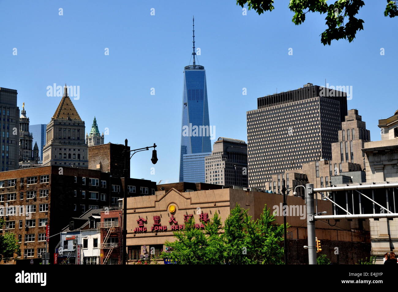 NYC:  One World Trade Center with its rooftop antenna viewed from the Bowery in Chinatown Stock Photo
