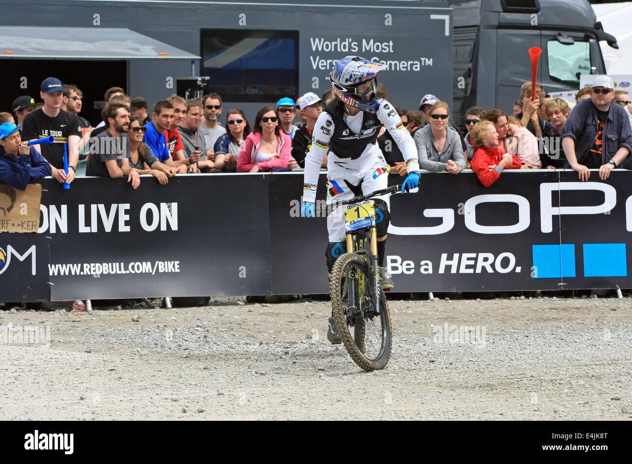 Rachel Atherton, GT Factory Racing, at the finish after suffering a puncture on her final run. Stock Photo