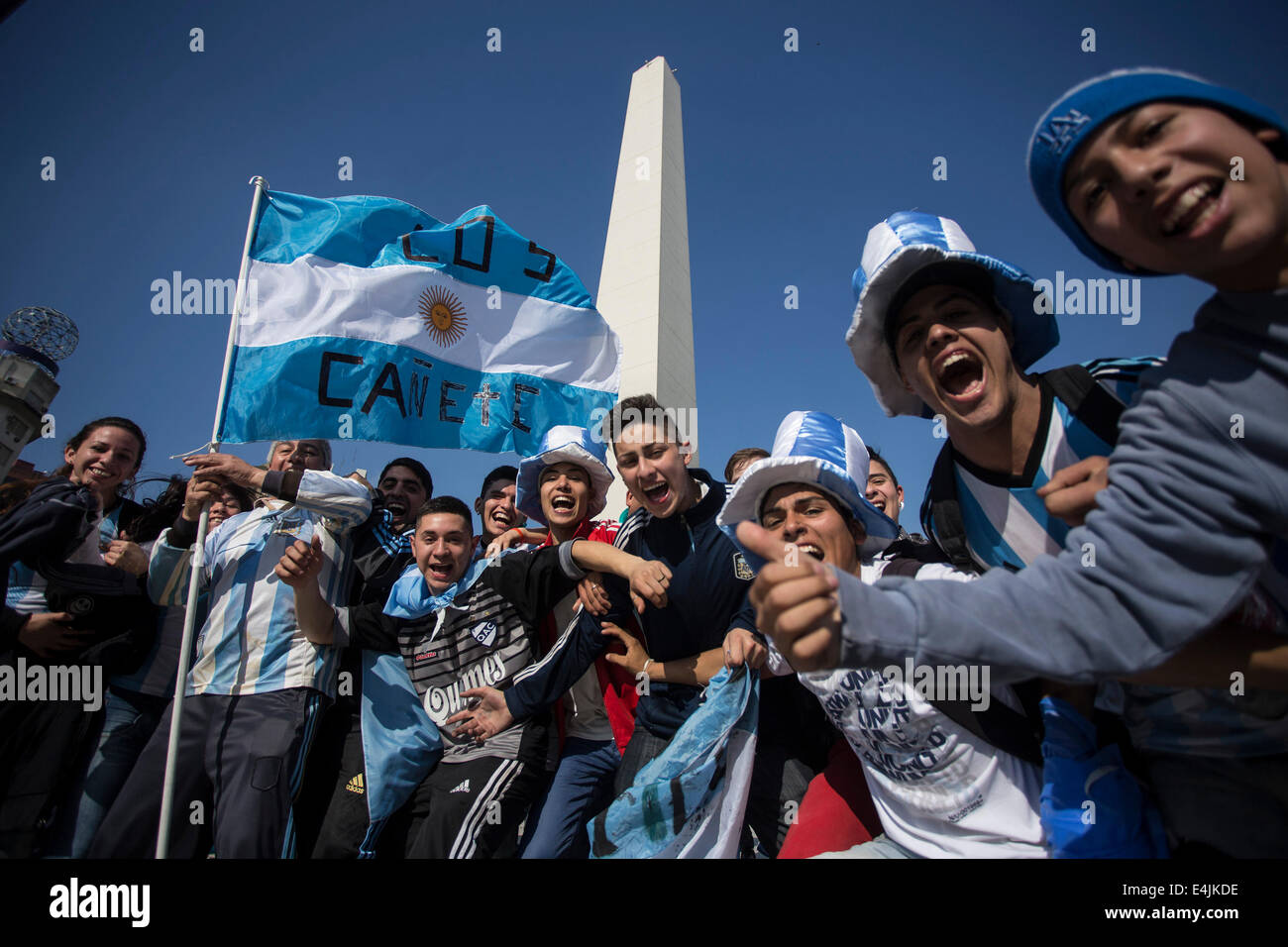 Buenos Aires, Argentina. 13th July, 2014. Argentina's fans cheer before the final match between Germany and Argentina of 2014 FIFA World Cup, in Buenos Aires, Argentina, on July 13, 2014. Credit:  Martin Zabala/Xinhua/Alamy Live News Stock Photo