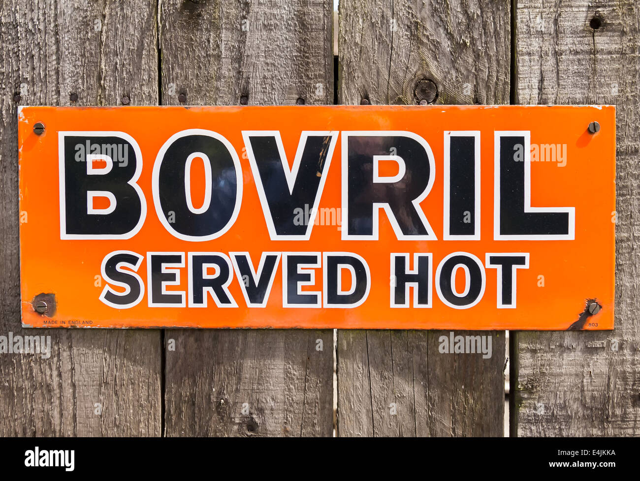 Vintage Advertisement Hoarding of Bovril Served hot on wood panels. Stock Photo