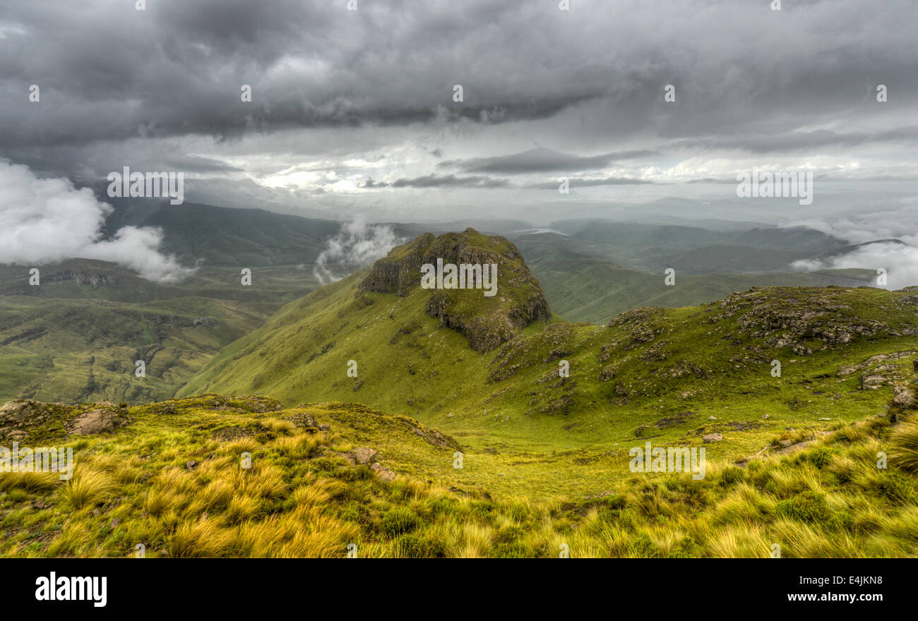 View of the Drakensberg Mountains along the Amphitheater in Royal Natal National Park. Stock Photo