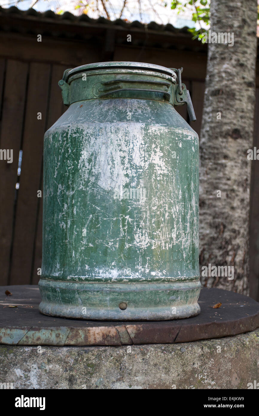 Large old metal milk can Stock Photo