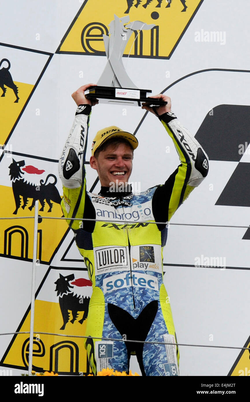 Sachsenring, Germany. 13th July, 2014. MotoGP3 of Germany, Race Day. Brad Binder, Jack Miller and Alexis Masbou on podium at Sachsenring. Credit:  Action Plus Sports/Alamy Live News Stock Photo