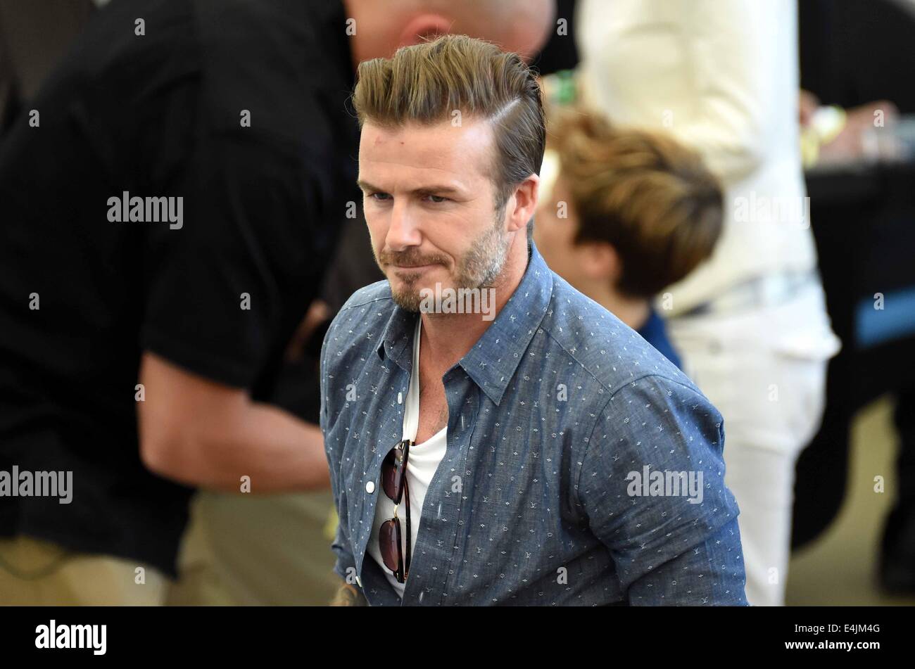 Rio de Janeiro, Brazil. 13th July, 2014. English former soccer player David Beckham seen in the stands before the FIFA World Cup 2014 final soccer match between Germany and Argentina at the Estadio do Maracana in Rio de Janeiro, Brazil, 13 July 2014. Photo: Thomas Eisenhuth/dpa/Alamy Live News Stock Photo