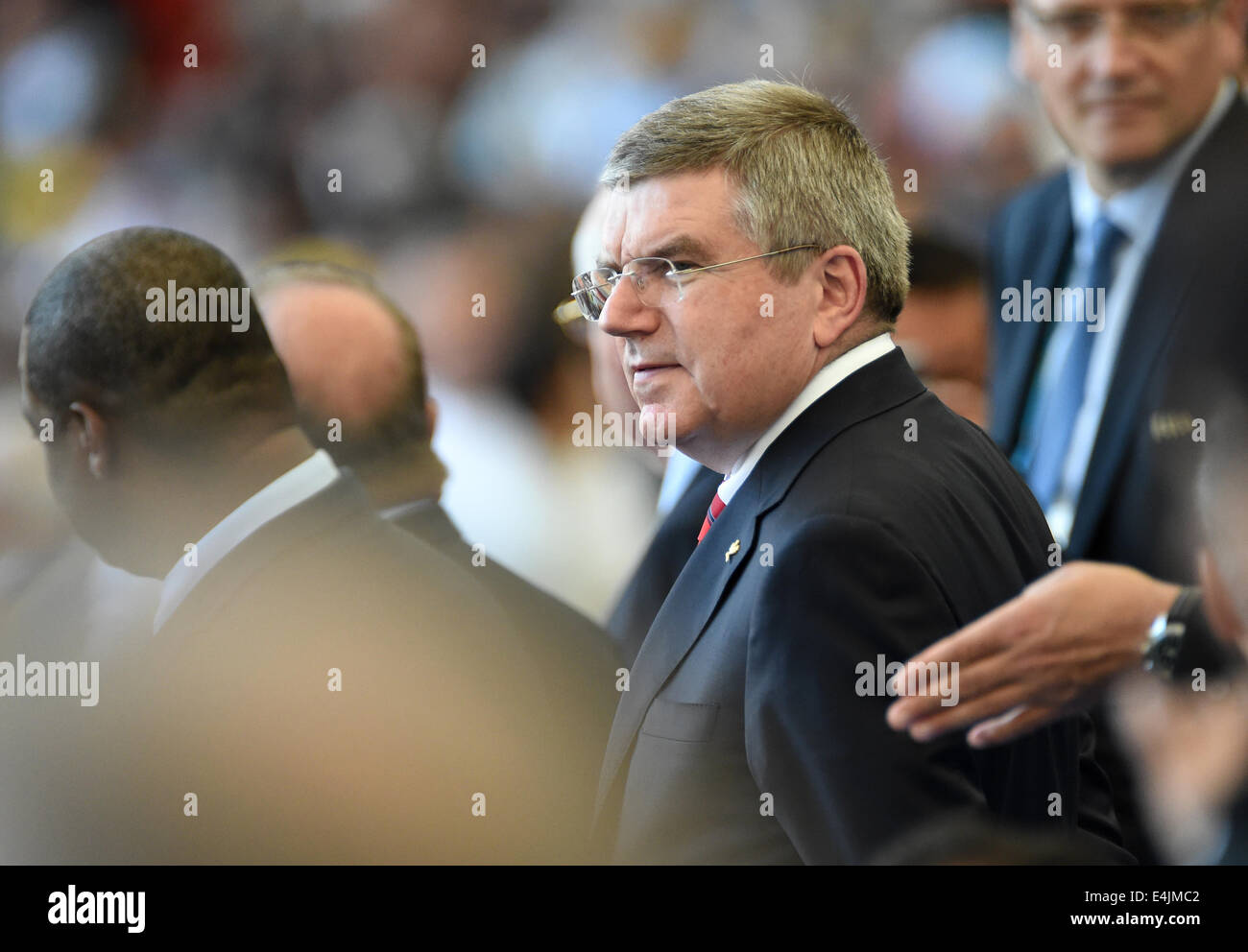 Rio de Janeiro, Brazil. 13th July, 2014. President of the International Olympic Committee (IOC) Thomas Bach seen in the stands prior to the FIFA World Cup 2014 final soccer match between Germany and Argentina at the Estadio do Maracana in Rio de Janeiro, Brazil, 13 July 2014. Photo: Thomas Eisenhuth/dpa/Alamy Live News Stock Photo