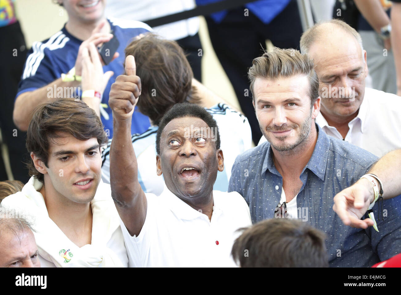 Rio De Janeiro, Brazil. 13th July, 2014. Kaka, Pele, and David Beckham are seen before the final match between Germany and Argentina of 2014 FIFA World Cup at the Estadio do Maracana Stadium in Rio de Janeiro, Brazil, on July 13, 2014. Credit:  Liao Yujie/Xinhua/Alamy Live News Stock Photo