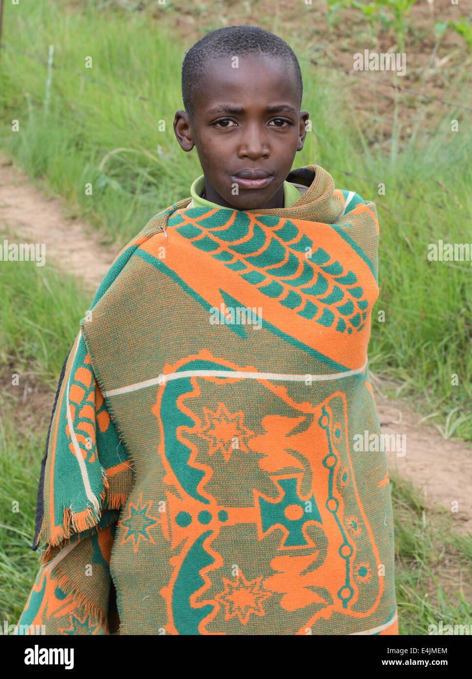 Butha-Buthe, Lesotho - December 17, 2012. A local Basotho boy in traditional garb. Also known as the Blanket People, they are re Stock Photo