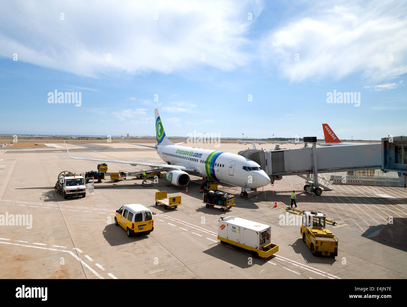 A Transavia plane on the tarmac, Faro airport, the Algarve, Portugal, Europe Stock Photo