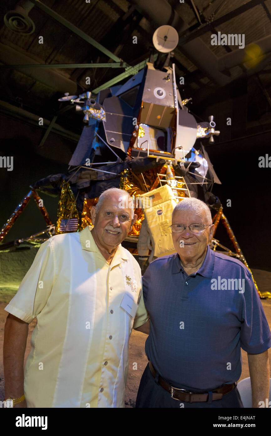 July 12, 2014 - Garden City, New York, U.S - L-R, JOE MULE, 80, of Lakewood, NJ, the National Marconi Science Award 2010 recipient (UNICO), and former NASA Apollo astronaut FRED HAISE are at a Summer of '69 Celebration Event held at the Long Island Cradle of Aviation Museum, on the 45th Anniversary of NASA Apollo 11 LEM landing on the moon July 20, 1969. Mule was an engineer and reliability manager for the LEM Lunar Excursion Module. Haise, the lunar module pilot for Apollo 13 mission, was in the LEM Room during the reunion of former Northrop Grumman Aerospace Corporation employees. Behind the Stock Photo