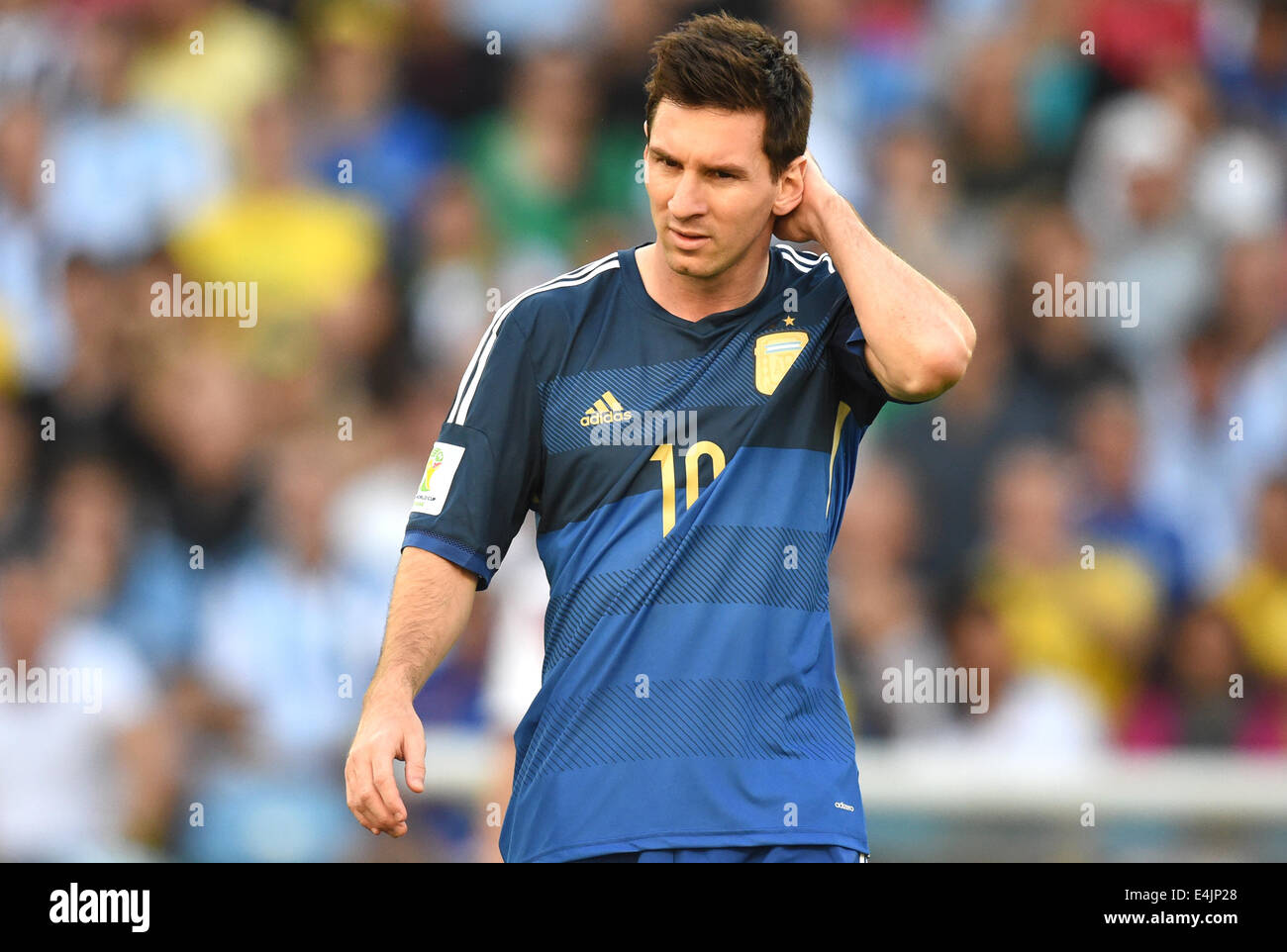 Rio de Janeiro, Brazil. 13th July, 2014. Lionel Messi of Argentina reacts during the FIFA World Cup 2014 final soccer match between Germany and Argentina at the Estadio do Maracana in Rio de Janeiro, Brazil, 13 July 2014. Photo: Marcus Brandt/dpa/Alamy Live News Stock Photo