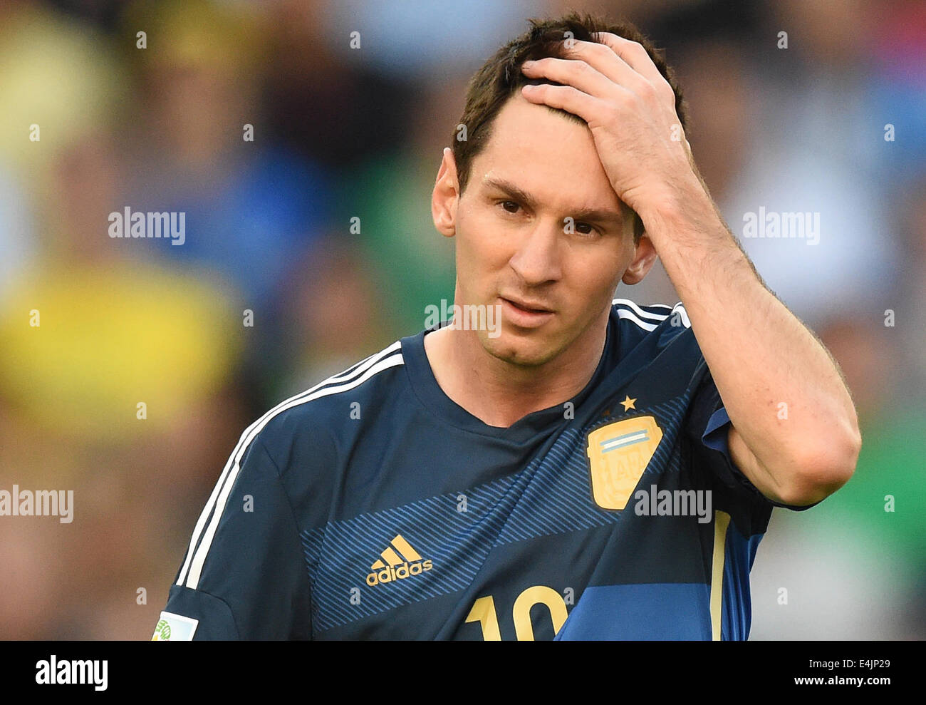 Rio de Janeiro, Brazil. 13th July, 2014. Lionel Messi of Argentina reacts during the FIFA World Cup 2014 final soccer match between Germany and Argentina at the Estadio do Maracana in Rio de Janeiro, Brazil, 13 July 2014. Photo: Marcus Brandt/dpa/Alamy Live News Stock Photo