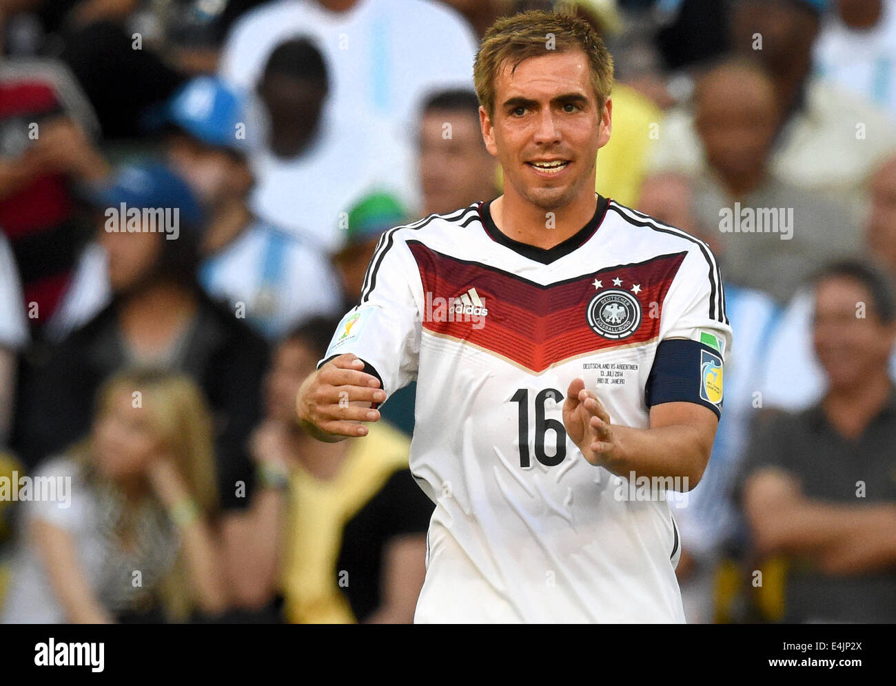Rio de Janeiro, Brazil. 13th July, 2014. Philipp Lahm of Germany gestures during the FIFA World Cup 2014 final soccer match between Germany and Argentina at the Estadio do Maracana in Rio de Janeiro, Brazil, 13 July 2014. Photo: Marcus Brandt/dpa/Alamy Live News Stock Photo
