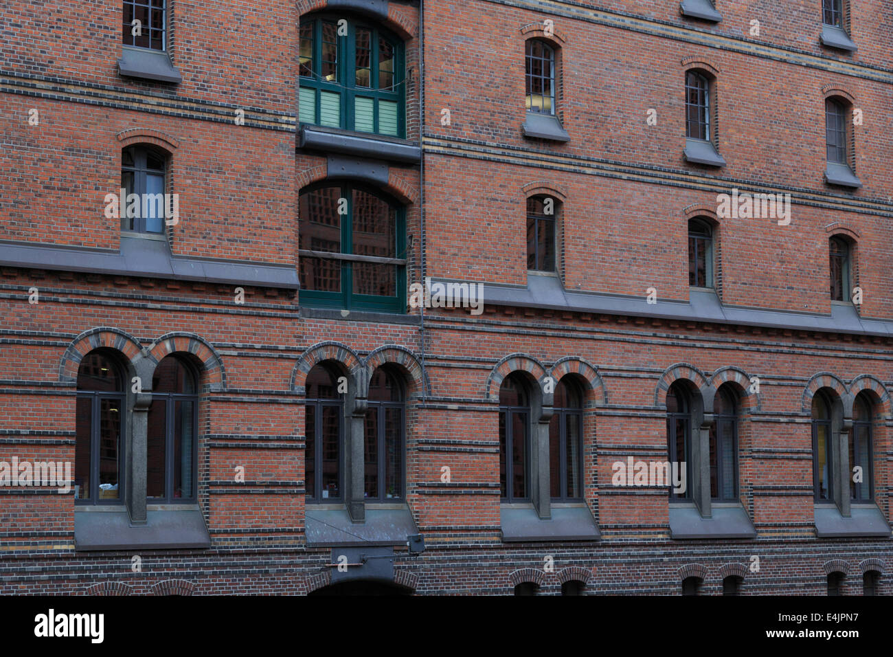 A photograph of a building facade in Speicherstadt in Hamburg. Stock Photo