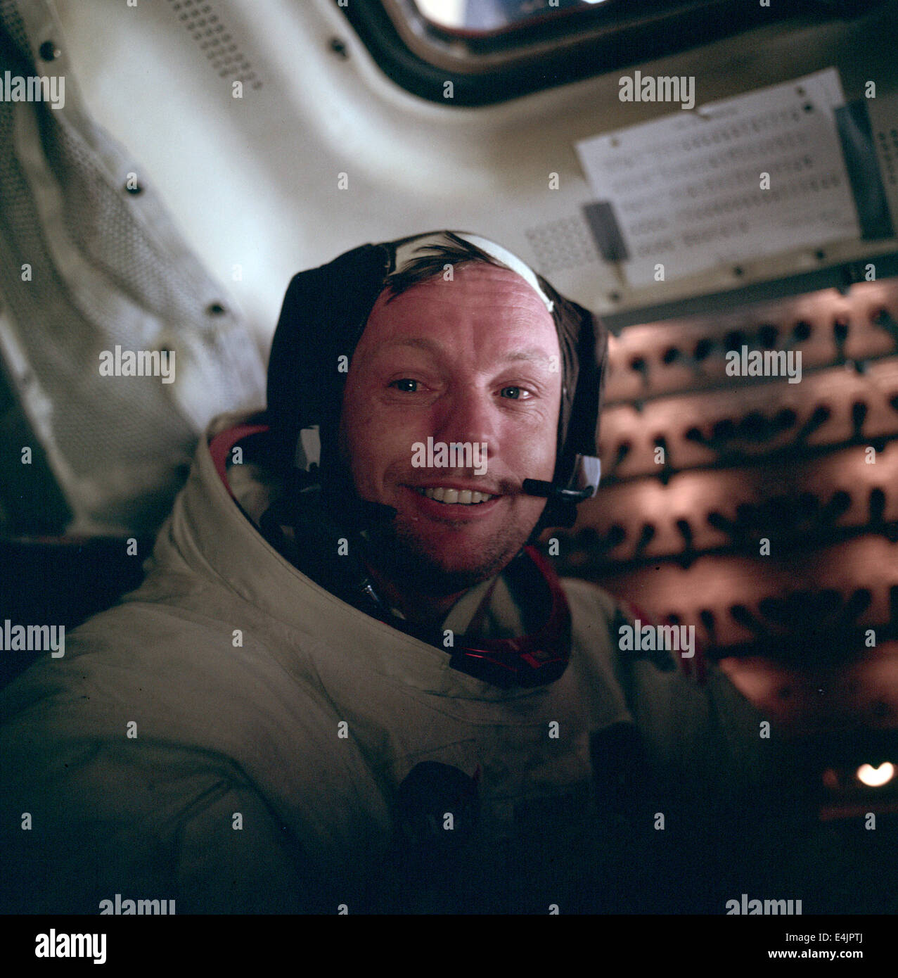 Neil Armstrong in Lunar Module after his historic moonwalk Stock Photo