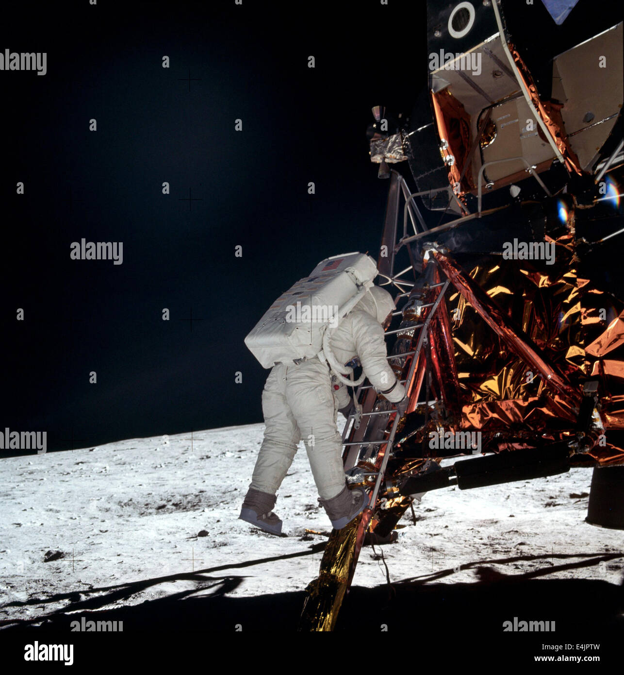 Buzz Aldrin descending ladder of Lunar Module during the Apollo 11 mission to the Moon Stock Photo
