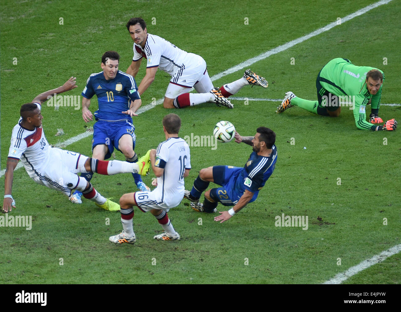 Defender Jerome Boateng L Of Germany Kicks The Ball Away While German Goalkeeper Manuel Neuer R Lionel Messi C Ezequiel Lavezzi Of Argentina Mats Hummels And Philipp Lahm Watch The Scene During