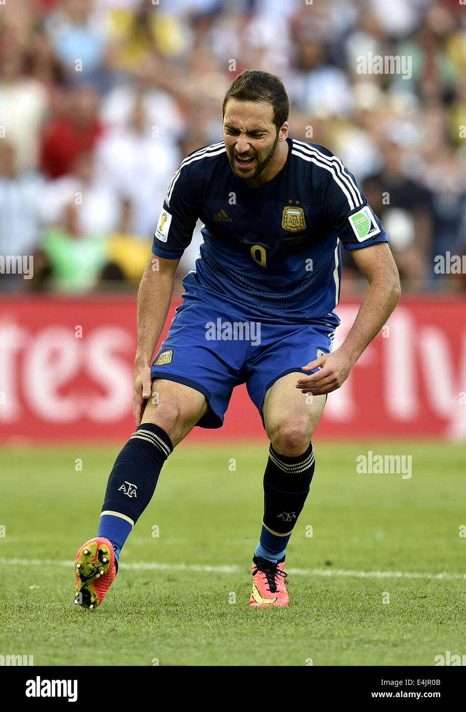 Rio De Janeiro, Brazil. 13th July, 2014. Argentina's Gonzalo Higuain reacts during the final match between Germany and Argentina of 2014 FIFA World Cup at the Estadio do Maracana Stadium in Rio de Janeiro, Brazil, on July 13, 2014. Credit:  Qi Heng/Xinhua/Alamy Live News Stock Photo