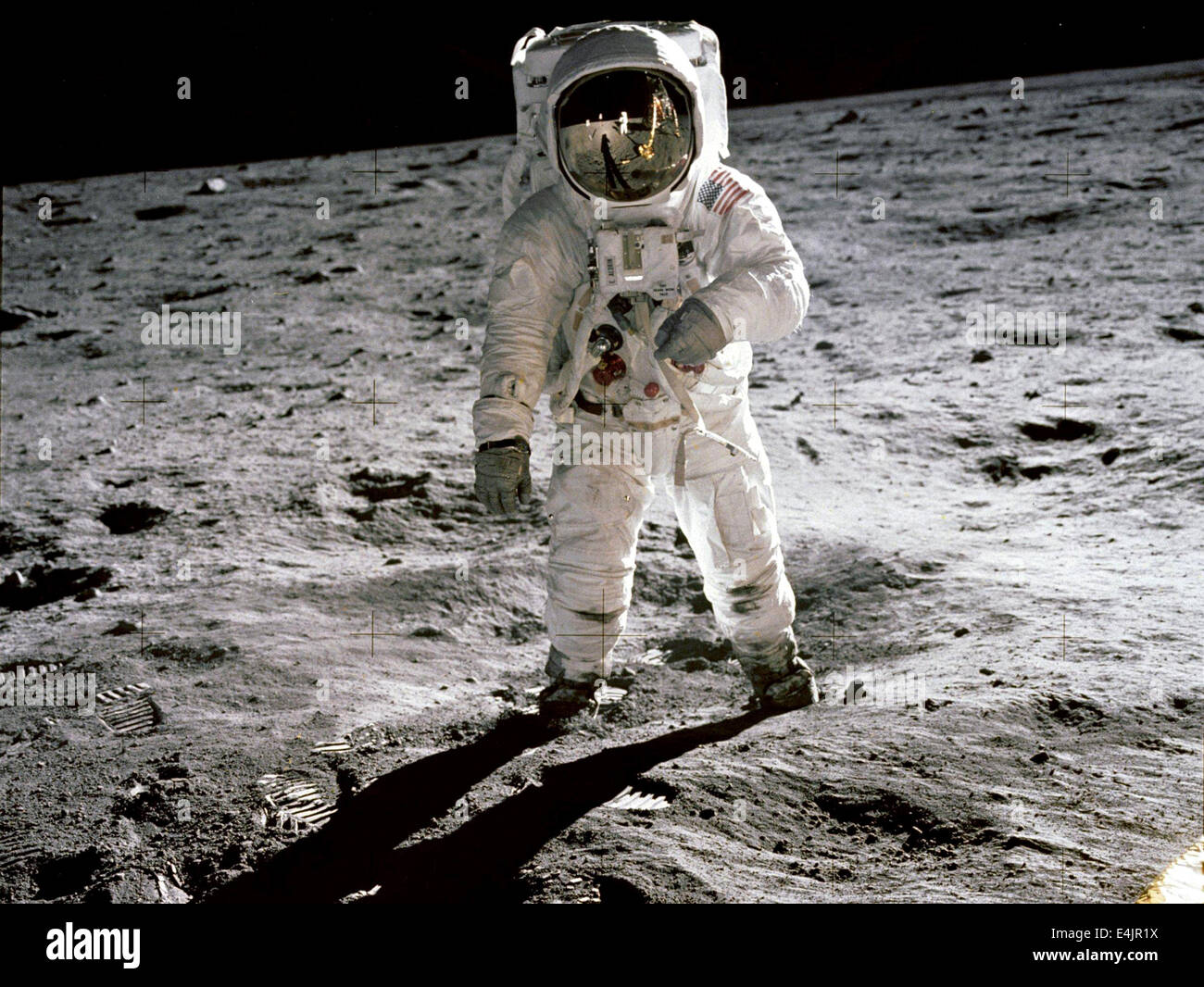 Buzz Aldrin poses for portrait with Neil Armstrong's reflection in