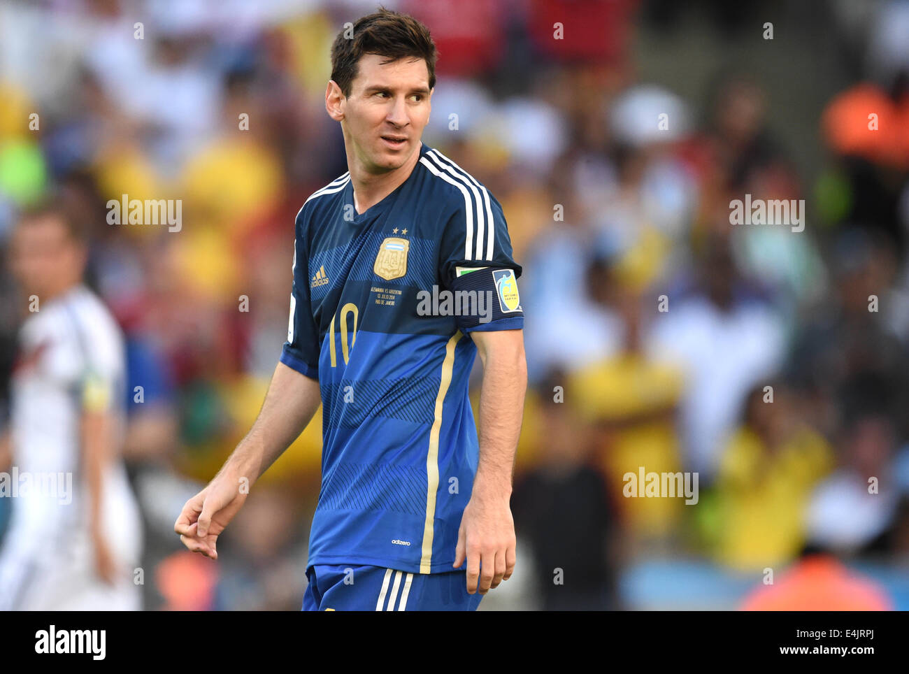 Rio de Janeiro, Brazil. 13th July, 2014. Lionel Messi of Argentina looks on during the FIFA World Cup 2014 final soccer match between Germany and Argentina at the Estadio do Maracana in Rio de Janeiro, Brazil, 13 July 2014. Photo: Marcus Brandt/dpa/Alamy Live News Stock Photo