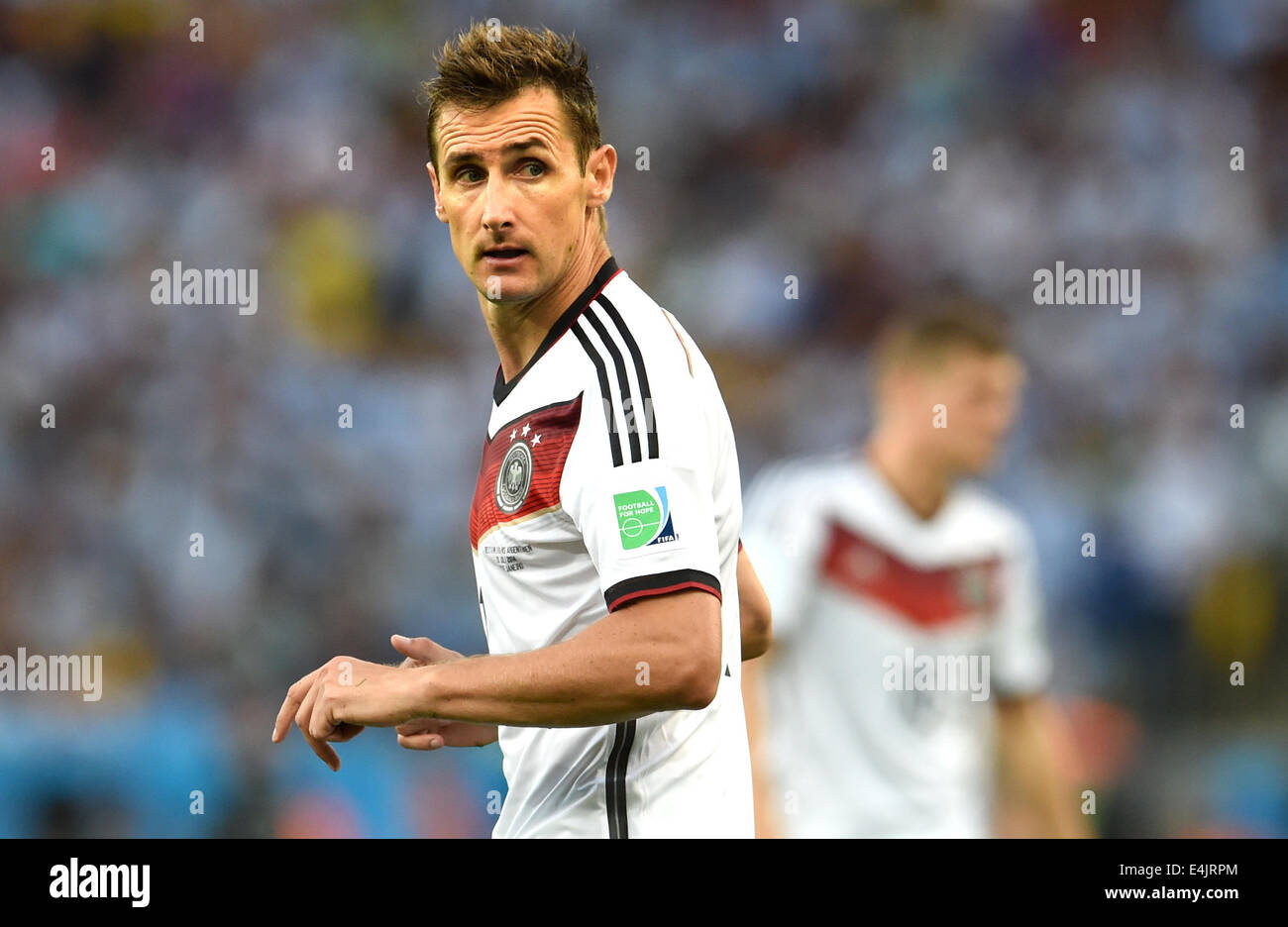 Rio de Janeiro, Brazil. 13th July, 2014. Miroslav Klose of Germany reacts during the FIFA World Cup 2014 final soccer match between Germany and Argentina at the Estadio do Maracana in Rio de Janeiro, Brazil, 13 July 2014. Photo: Andreas Gebert/dpa/Alamy Live News Stock Photo