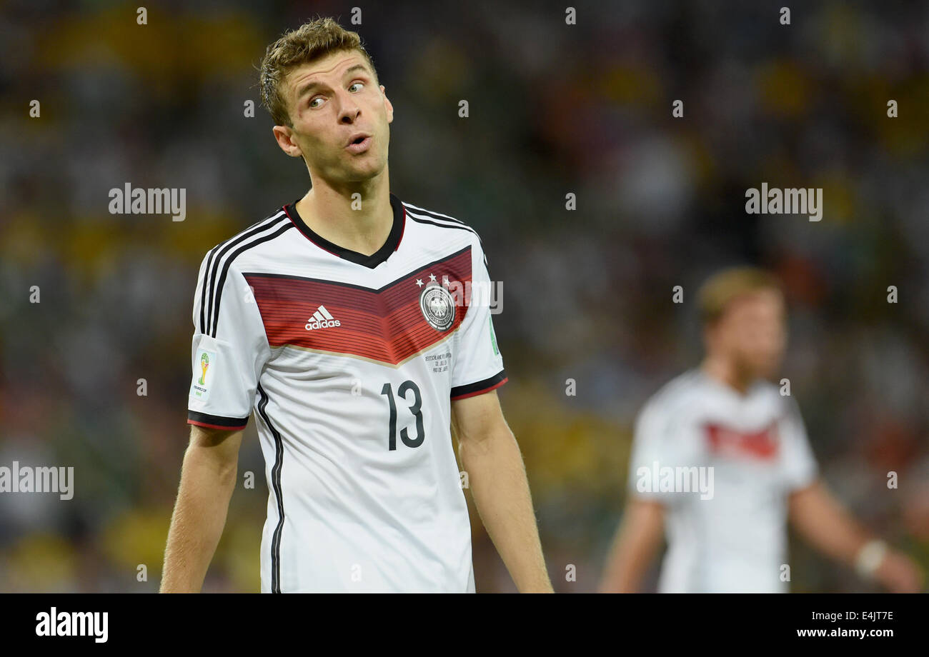 Rio de Janeiro, Brazil. 13th July, 2014. Thomas Mueller of Germany reacts after he missed a chance in overtime during the FIFA World Cup 2014 final soccer match between Germany and Argentina at the Estadio do Maracana in Rio de Janeiro, Brazil, 13 July 2014. Photo: Andreas Gebert/dpa/Alamy Live News Stock Photo