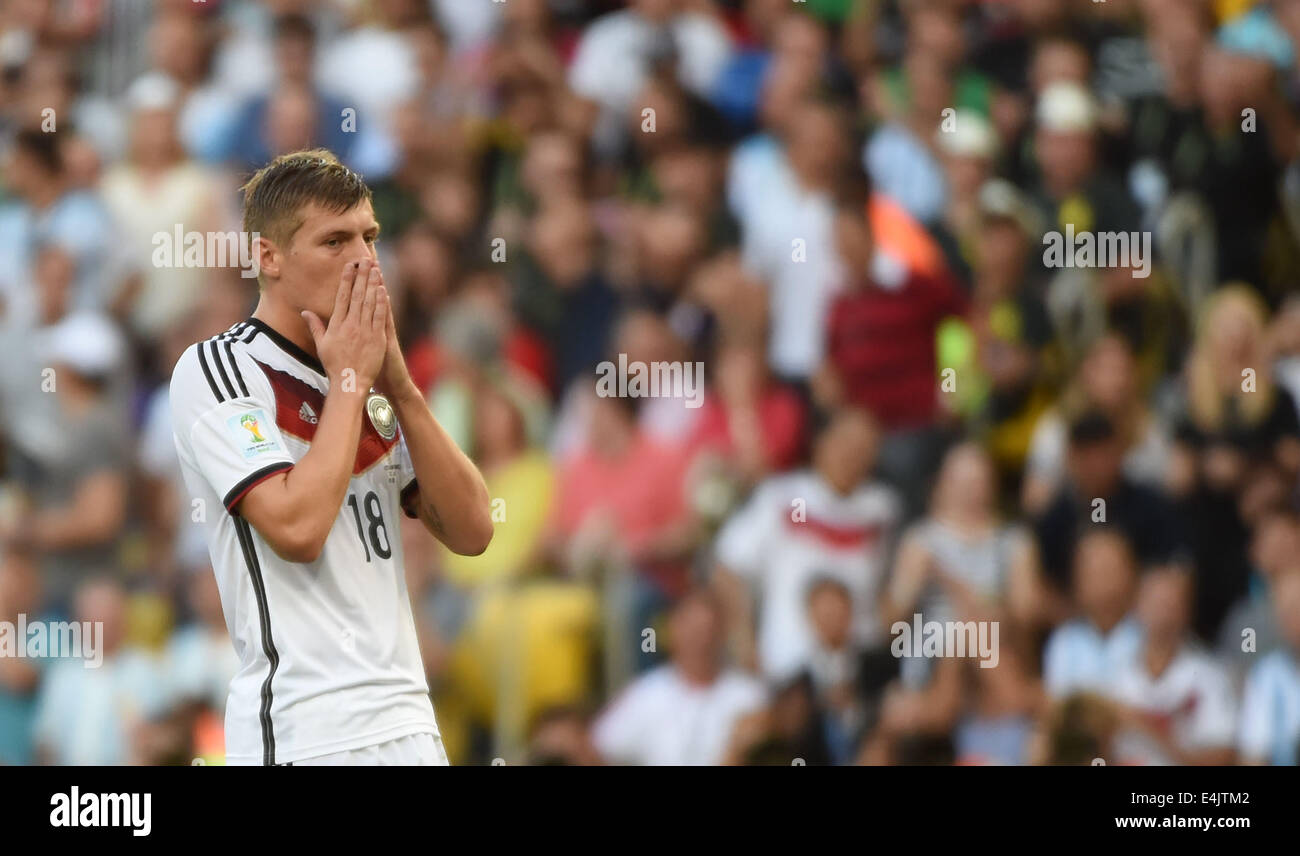 Rio De Janeiro, Brazil. 13th July, 2014. Germany's Toni Kroos reacts during the final match between Germany and Argentina of 2014 FIFA World Cup at the Estadio do Maracana Stadium in Rio de Janeiro, Brazil, on July 13, 2014. Credit:  Guo Yong/Xinhua/Alamy Live News Stock Photo