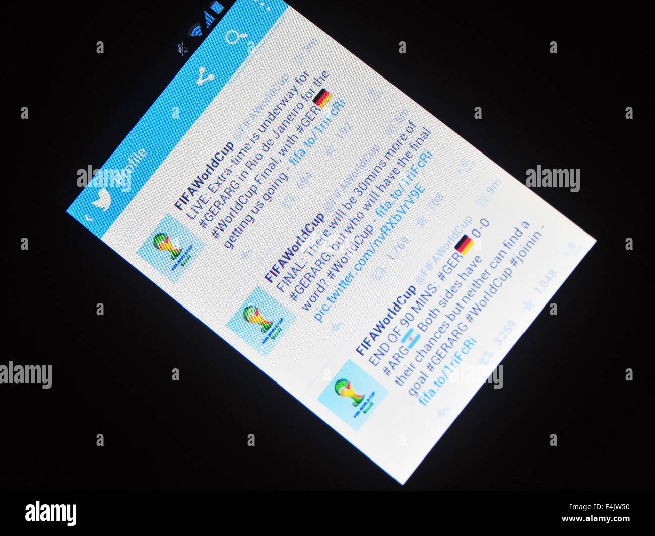 Tweets during the 2014 FIFA World Cup Final between Argentina and Germany. Stock Photo