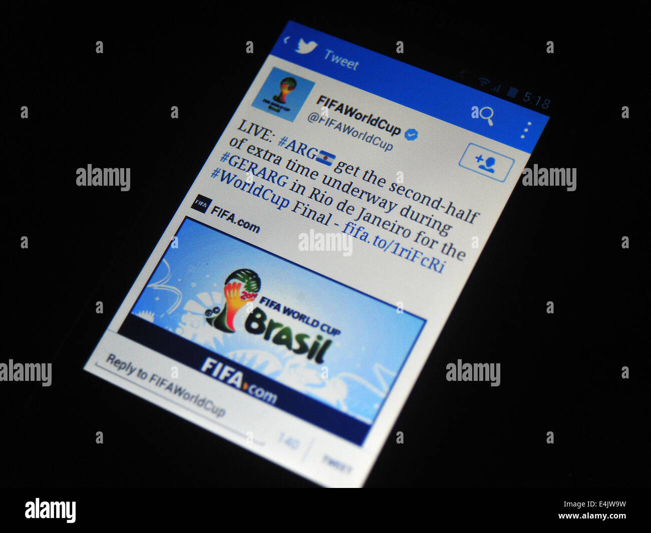 Tweets during the 2014 FIFA World Cup Final between Argentina and Germany. Stock Photo