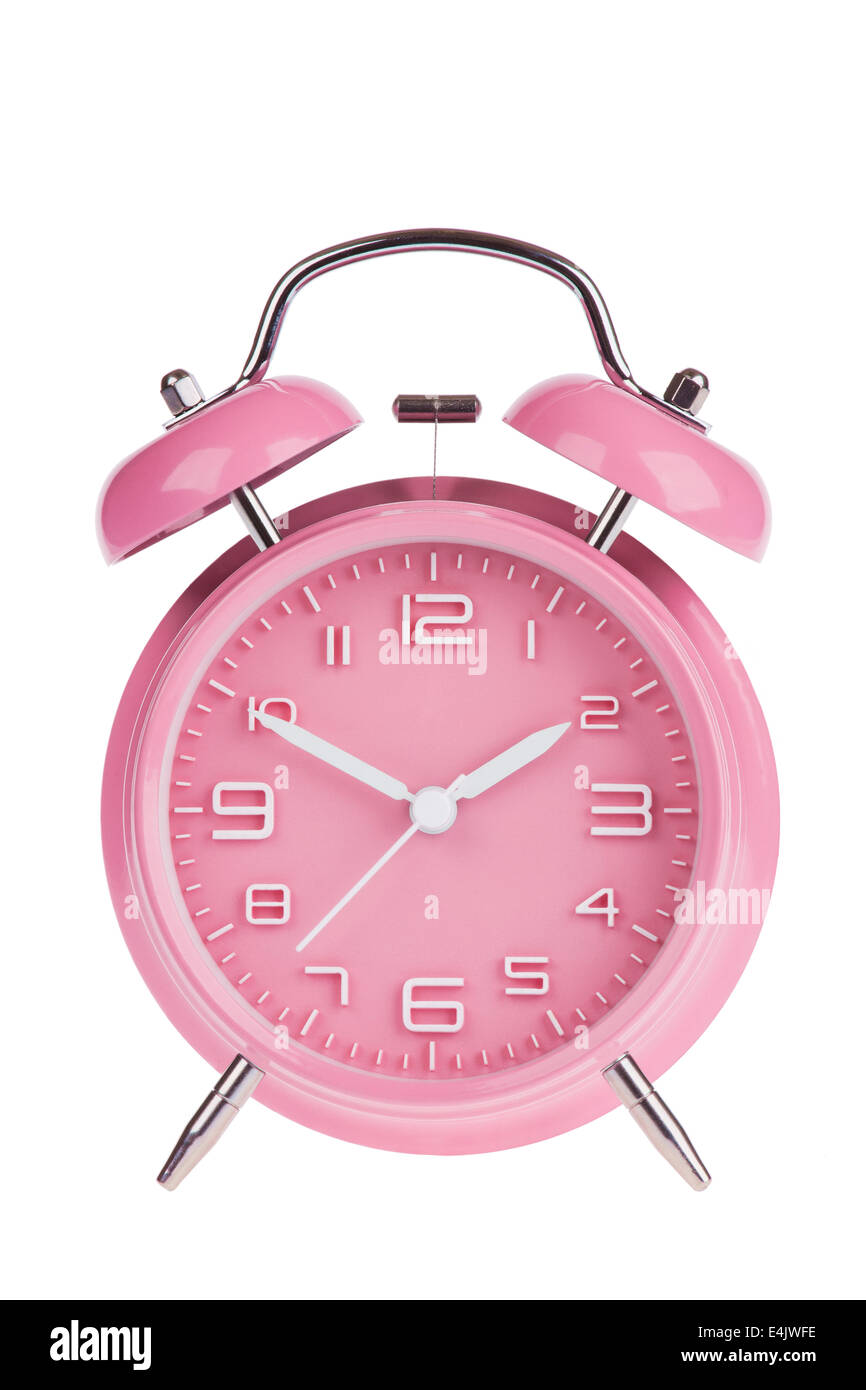 Pink alarm clock with the hands at 10 and 2 isolated on a white background Stock Photo