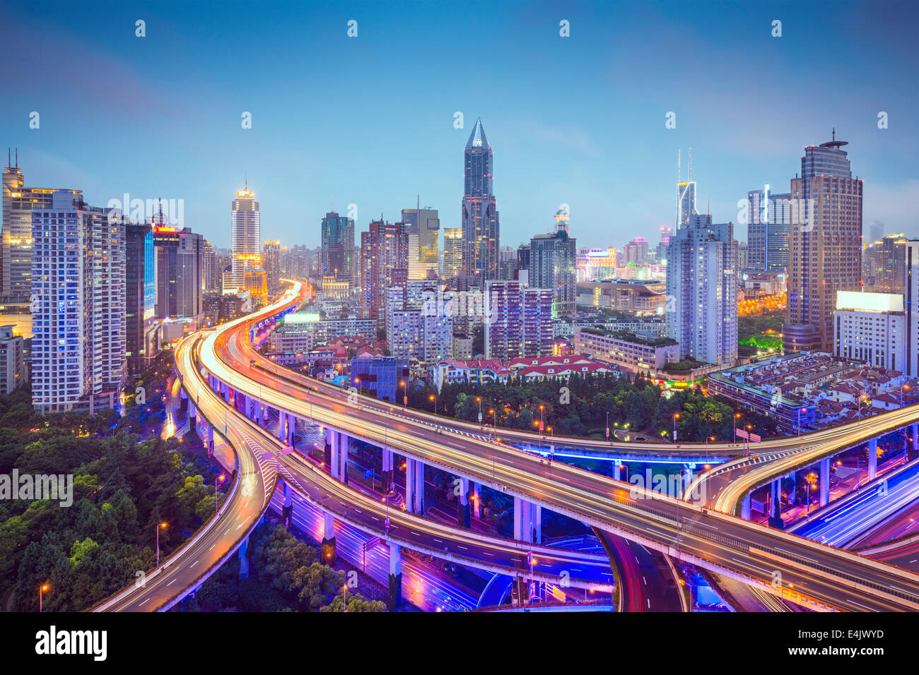 Shanghai, China aerial view over highways. Stock Photo
