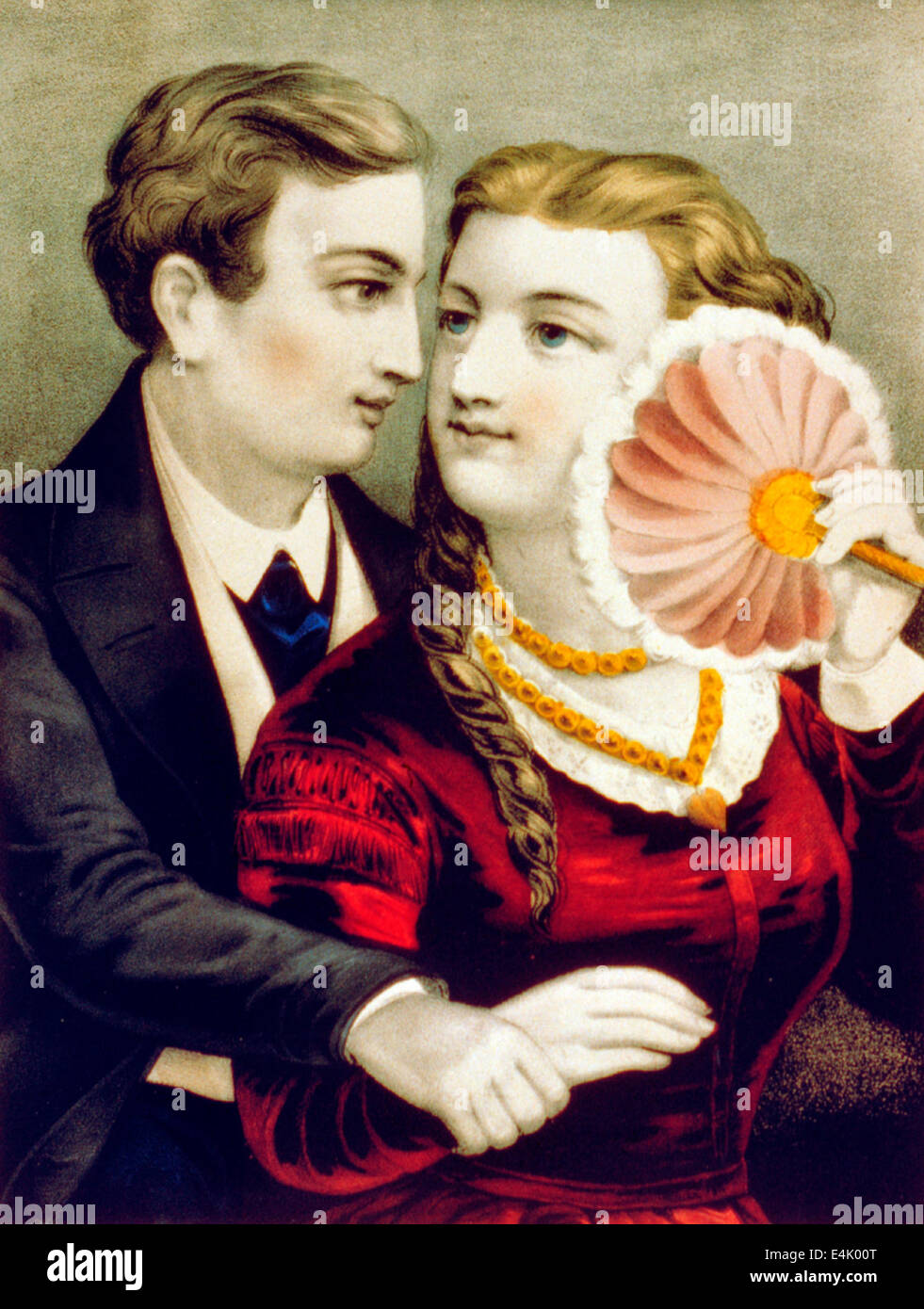 Kiss me quick! Man embracing woman from behind, as she holds fan up to her face, circa 1870 Stock Photo