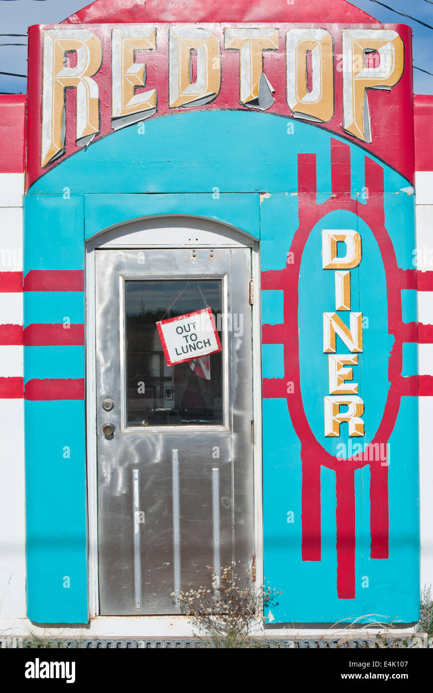 The Red Top Diner on Route 66 sports a sign reading 'Out to Lunch'. Stock Photo