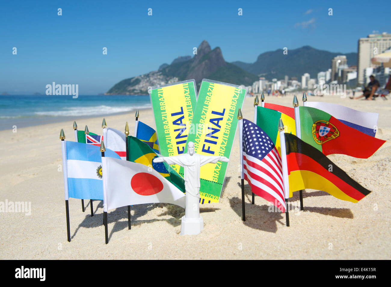 Brazil final tickets with international world flags on the beach in Rio de Janeiro Stock Photo