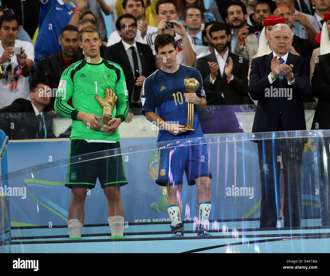 Rio de Janeiro, Brazil. 13th July, 2014. World Cup Final. Germany versus Argentina. Messi awarded as the best player of tournament and Neuer as the best goalkeeper Credit:  Action Plus Sports/Alamy Live News Stock Photo