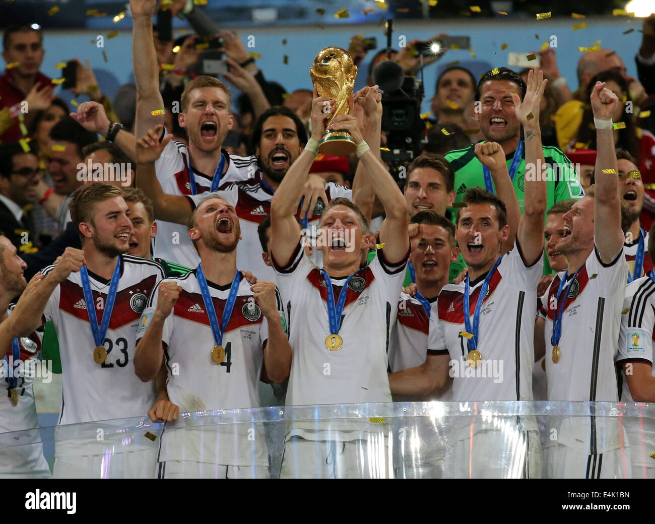 Rio de Janeiro, Brazil. 13th July, 2014. World Cup Final. Germany versus Argentina. German players celebrate with Jules Rimet trophy Credit:  Action Plus Sports/Alamy Live News Stock Photo