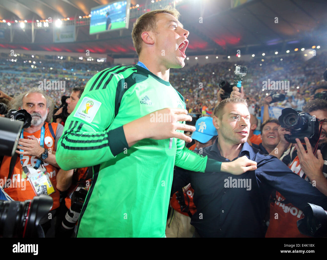 Rio de Janeiro, Brazil. 13th July, 2014. World Cup Final. Germany versus Argentina. Neuer celebrates with fans Credit:  Action Plus Sports/Alamy Live News Stock Photo