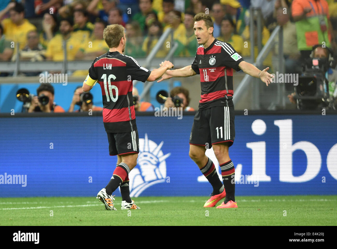 Belo Horizonte, Brazil. 8th July, 2014. (L-R) Philipp Lahm, Miroslav Klose (GER) Football/Soccer : Miroslav Klose of Germany celebrates with his teammate Philipp Lahm after scoring their second goal during the FIFA World Cup Brazil 2014 Semi-finals match between Brazil 1-7 Germany at Estadio Mineirao in Belo Horizonte, Brazil . © SONG Seak-In/AFLO/Alamy Live News Stock Photo