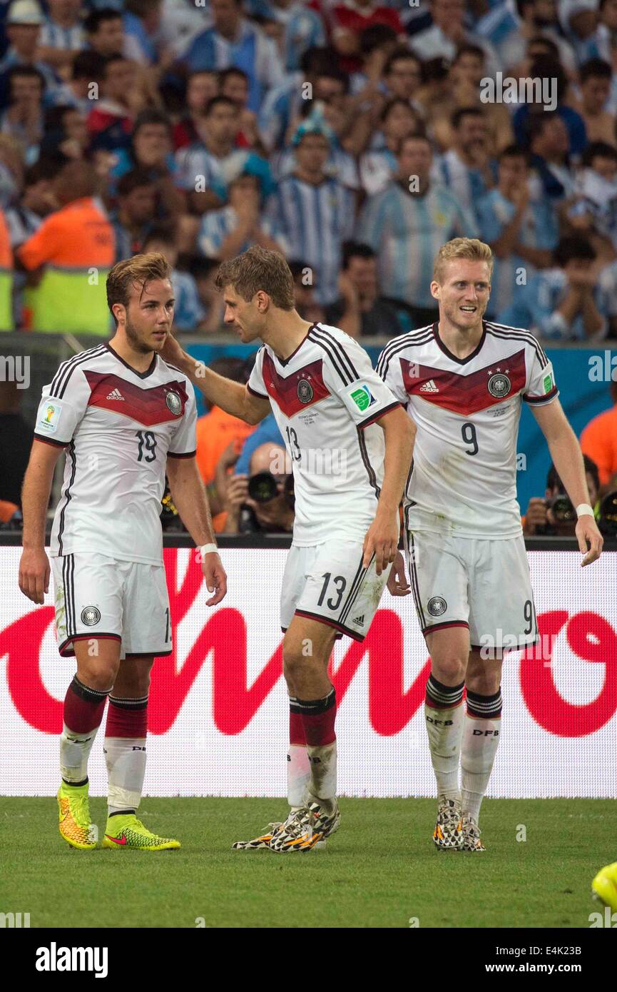 (L-R) Mario Gotze, Thomas Muller, Andre Schurrle (GER), JULY 13, 2014 - Football / Soccer : Mario Gotze of Germany celebrates after scoring his side first goal during the FIFA World Cup Brazil 2014 Final match between Germany 1-0 Argentina at the Maracana stadium in Rio de Janeiro, Brazil. (Photo by Maurizio Borsari/AFLO) Stock Photo