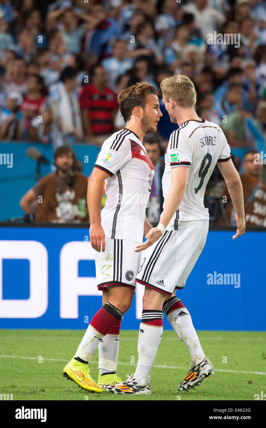 (L-R) Mario Gotze, Andre Schurrle (GER), JULY 13, 2014 - Football / Soccer : Mario Gotze of Germany celebrates after scoring his side first goal during the FIFA World Cup Brazil 2014 Final match between Germany 1-0 Argentina at the Maracana stadium in Rio de Janeiro, Brazil. (Photo by Maurizio Borsari/AFLO) Stock Photo