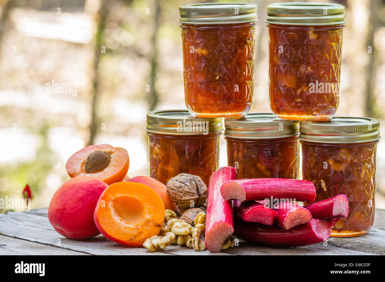 Homemade apricot rhubarb conserve with walnuts Stock Photo
