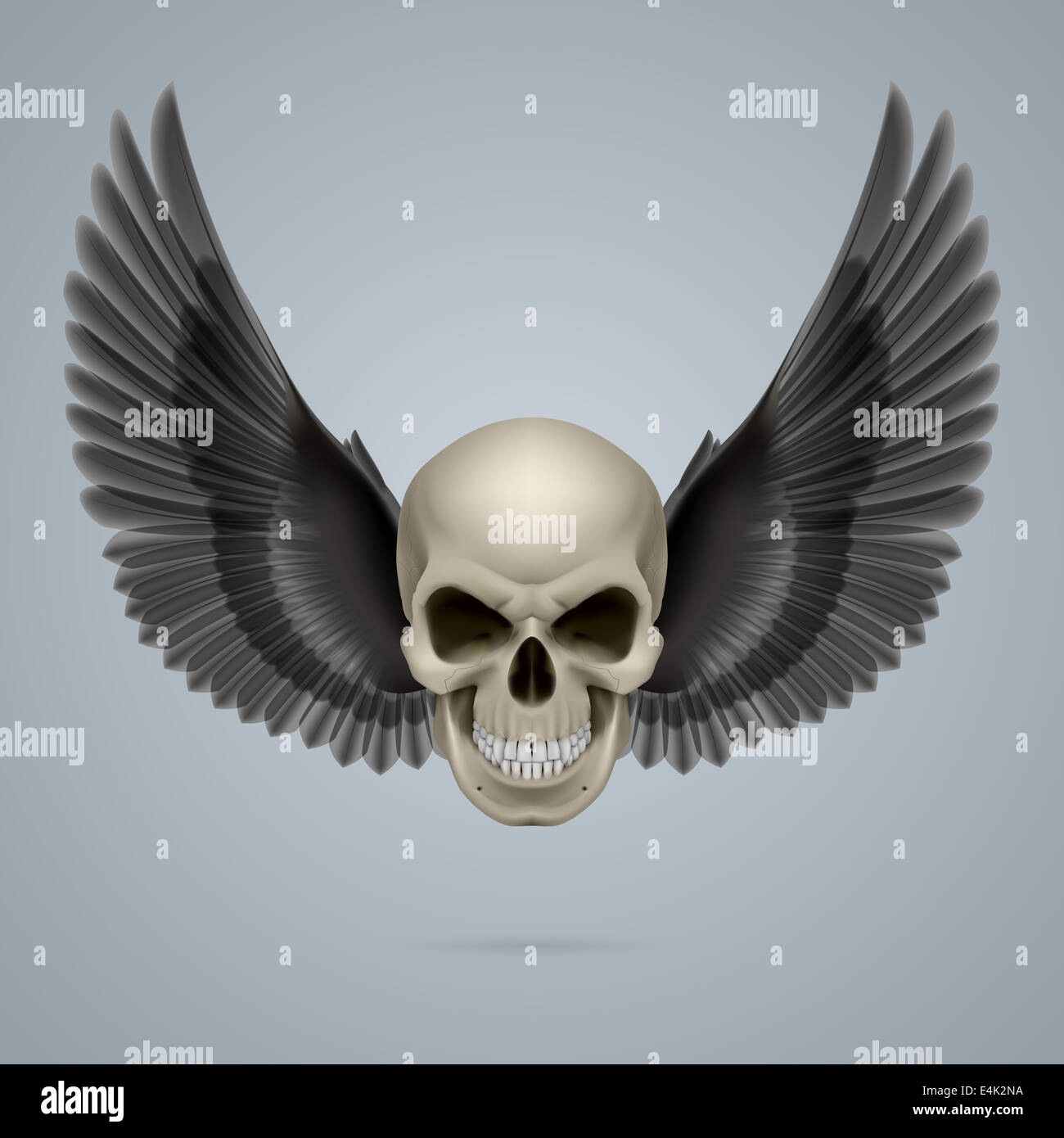 Evil looking ivory coloured skull with two wings. Stock Photo