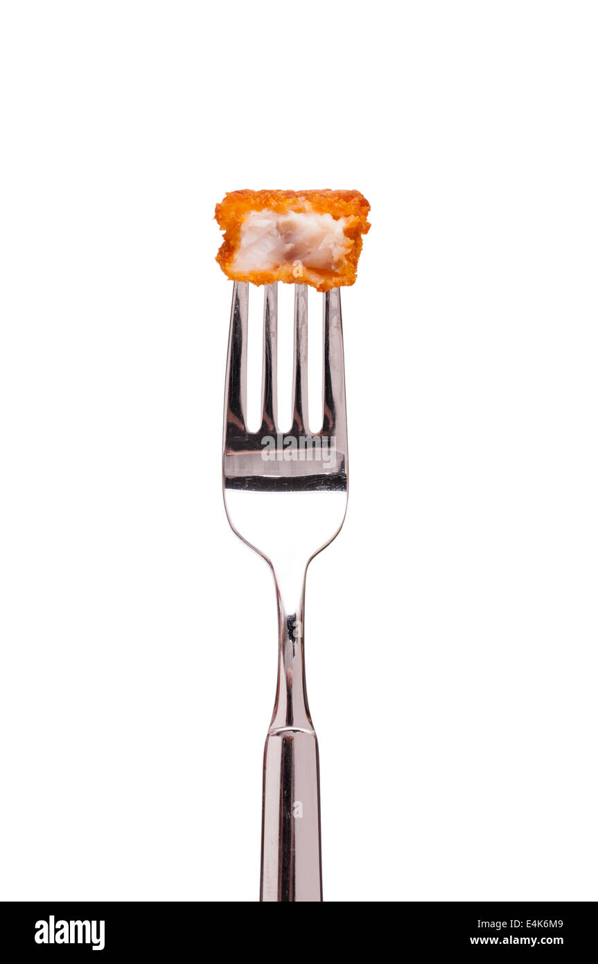 Deep fried fish stick on a fork Stock Photo