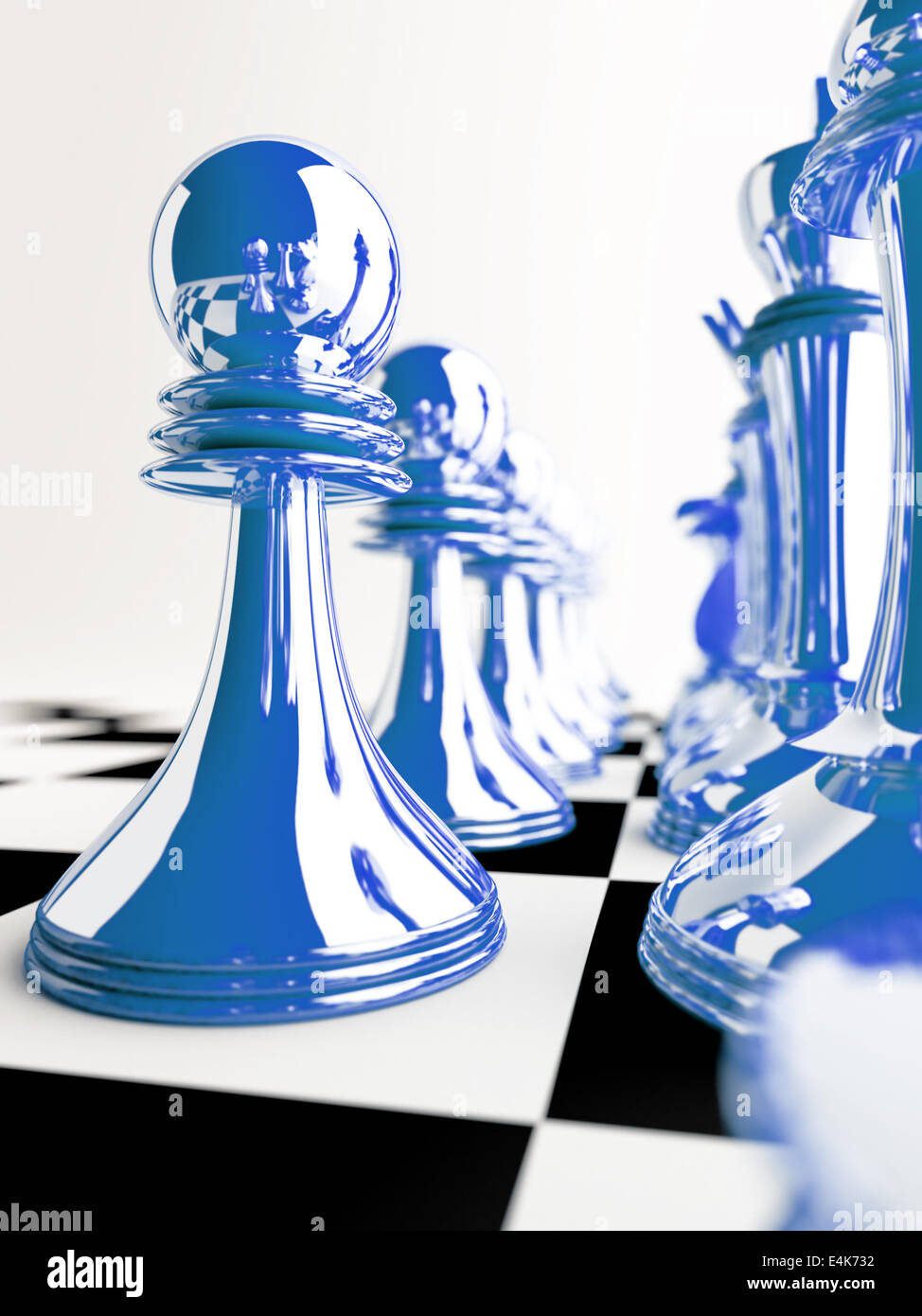 chessmen of blue color on checkered board Stock Photo