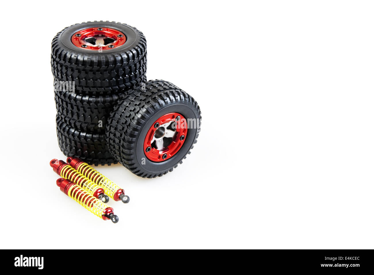 shock-absorbers and wheels of rc car Stock Photo